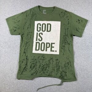 God Is Dope T-Shirt Mens Green Distressed Graphic Tee Streetwear Size M